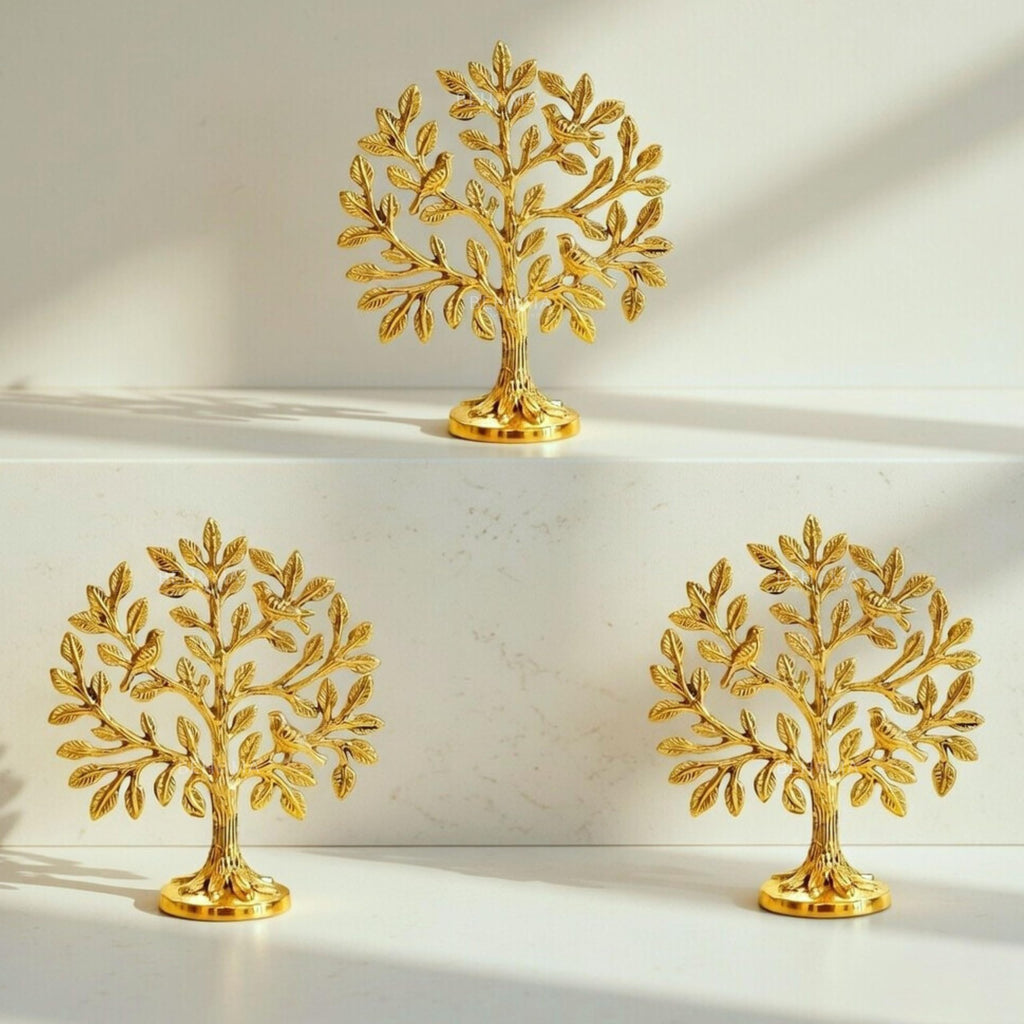 BEHOMA Brass (6 inch) Kalpvriksh Tree with Birds Set - Set of 3