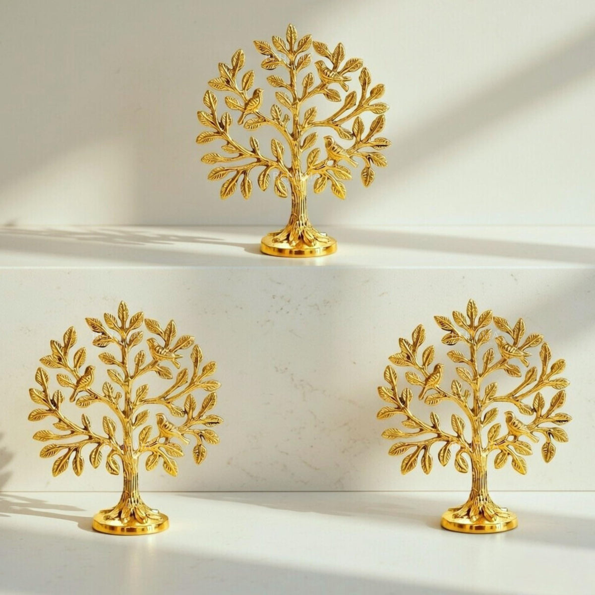 BEHOMA Brass (6 inch) Kalpvriksh Tree with Birds Set - Set of 3