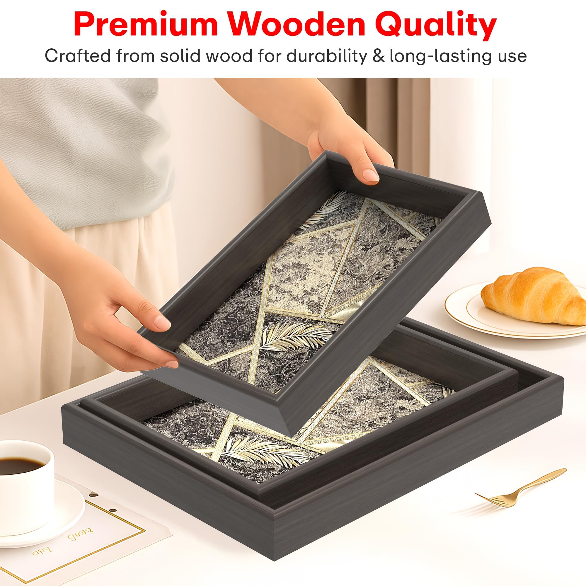 Rioware Wooden Serving Tray Set of 3 | Bamboo Tea & Coffee Serving Trays | Decorative Resin Kitchen & Dining Tray Set | Snack, Breakfast & Home Décor | Vintage Luxe