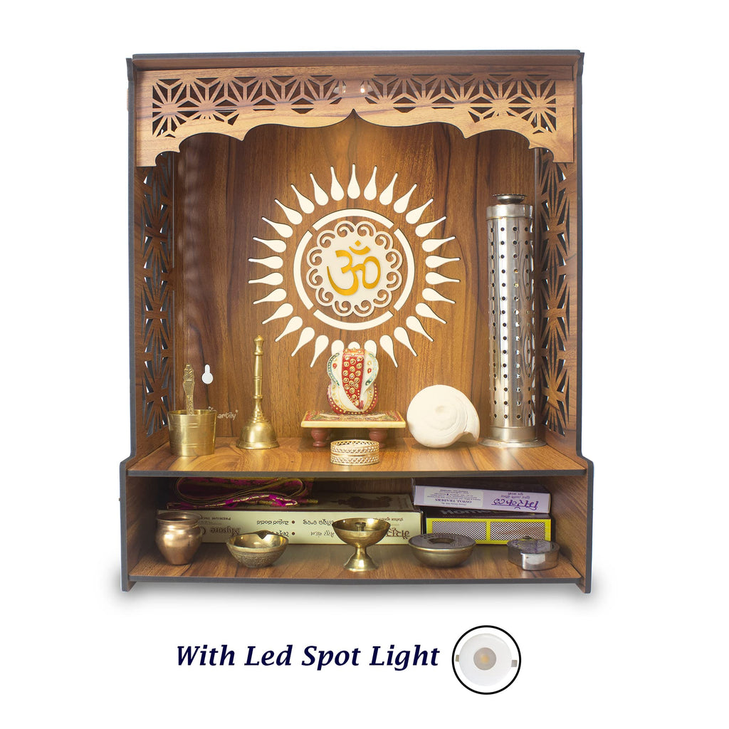 Heartily® Shree Beautiful Wooden Pooja Stand for Home Mandir for Home Temple for Home and Office Puja Mandir for Home and Office Wall with LED Spot Light Product (H- 18, L- 16, W-8.75 Inch)
