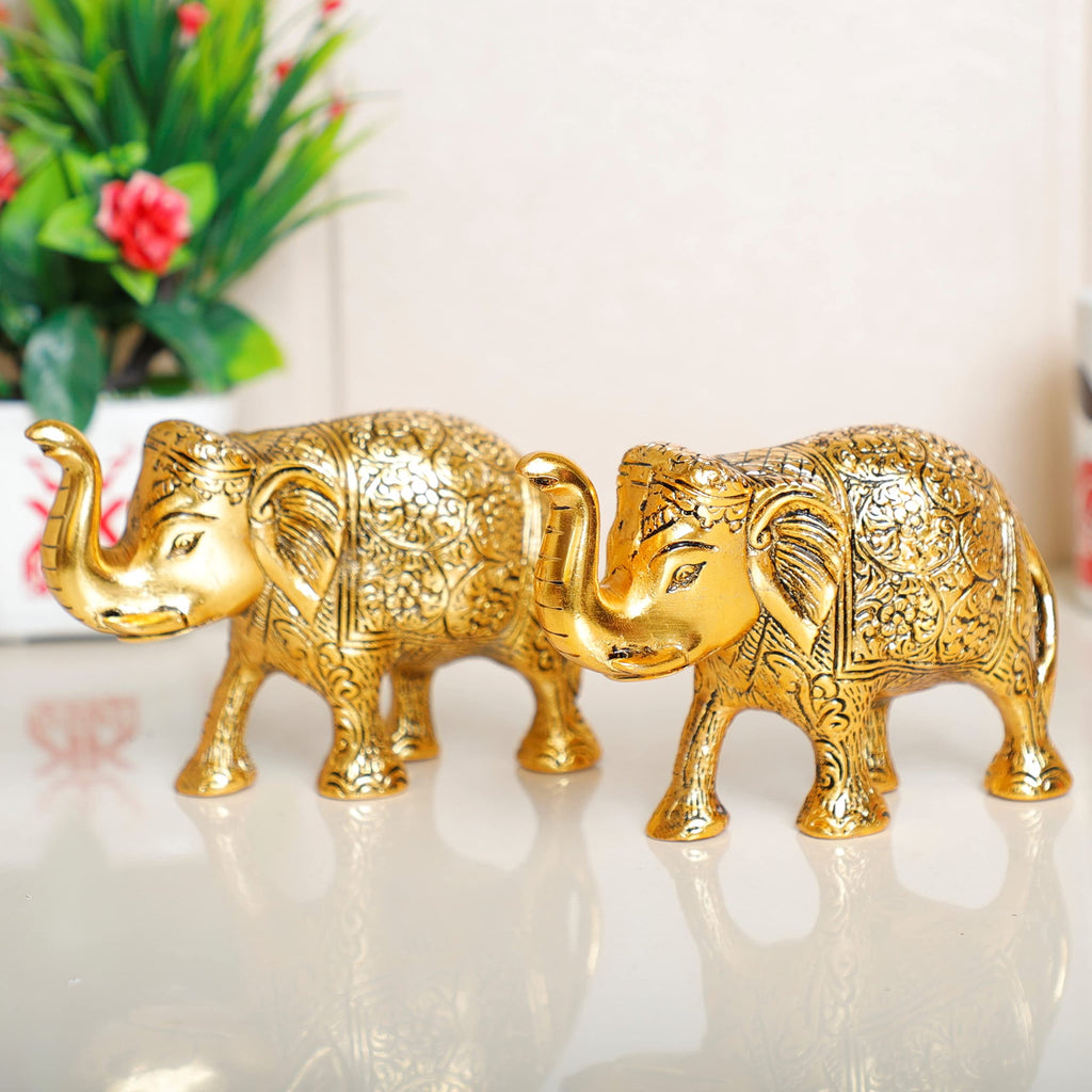 KridayKraft Metal Elephant Statue Medium Size Gold Polish 2 pcs Set for Showpiece Your Home,Office Table & Gift Article,Animal Decorative Showpiece Figurines..., Animal