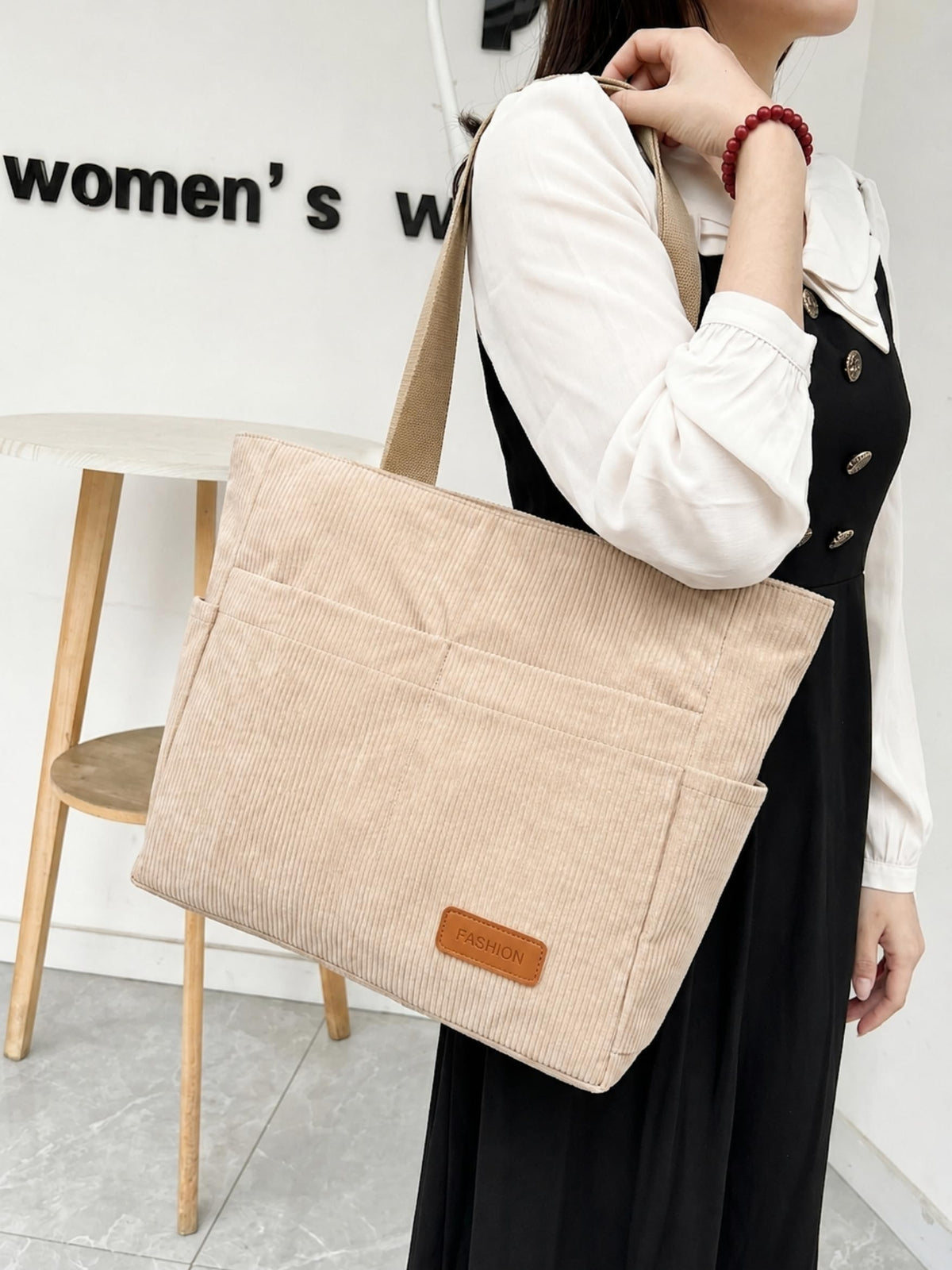 ITALISH Corduroy Tote Bag for Woman Lightweight Multi-Pocket Handbags for Women Latest Collection with Zipper Closure (Beige)