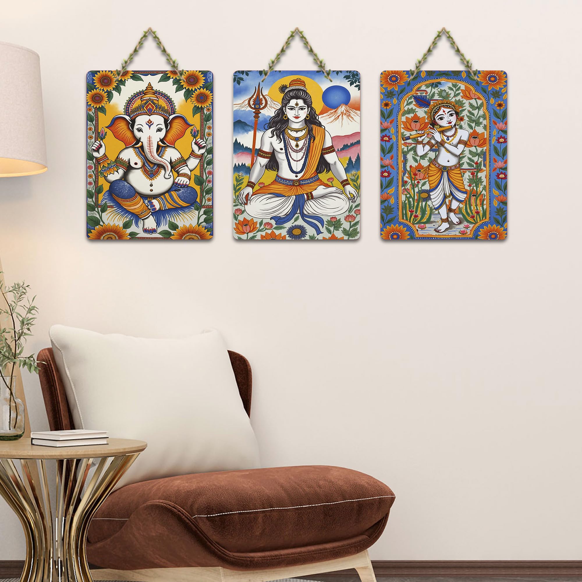 Artvibes Divine Ganesha Mahadev & Krishna Sacred Art Wall Hanging Home Decorative Wall Art | Spiritual Decor Items | Painting Wall Decor | Wall Poster | Art For Wall | Gift Items (WH_9630N), Set of 3