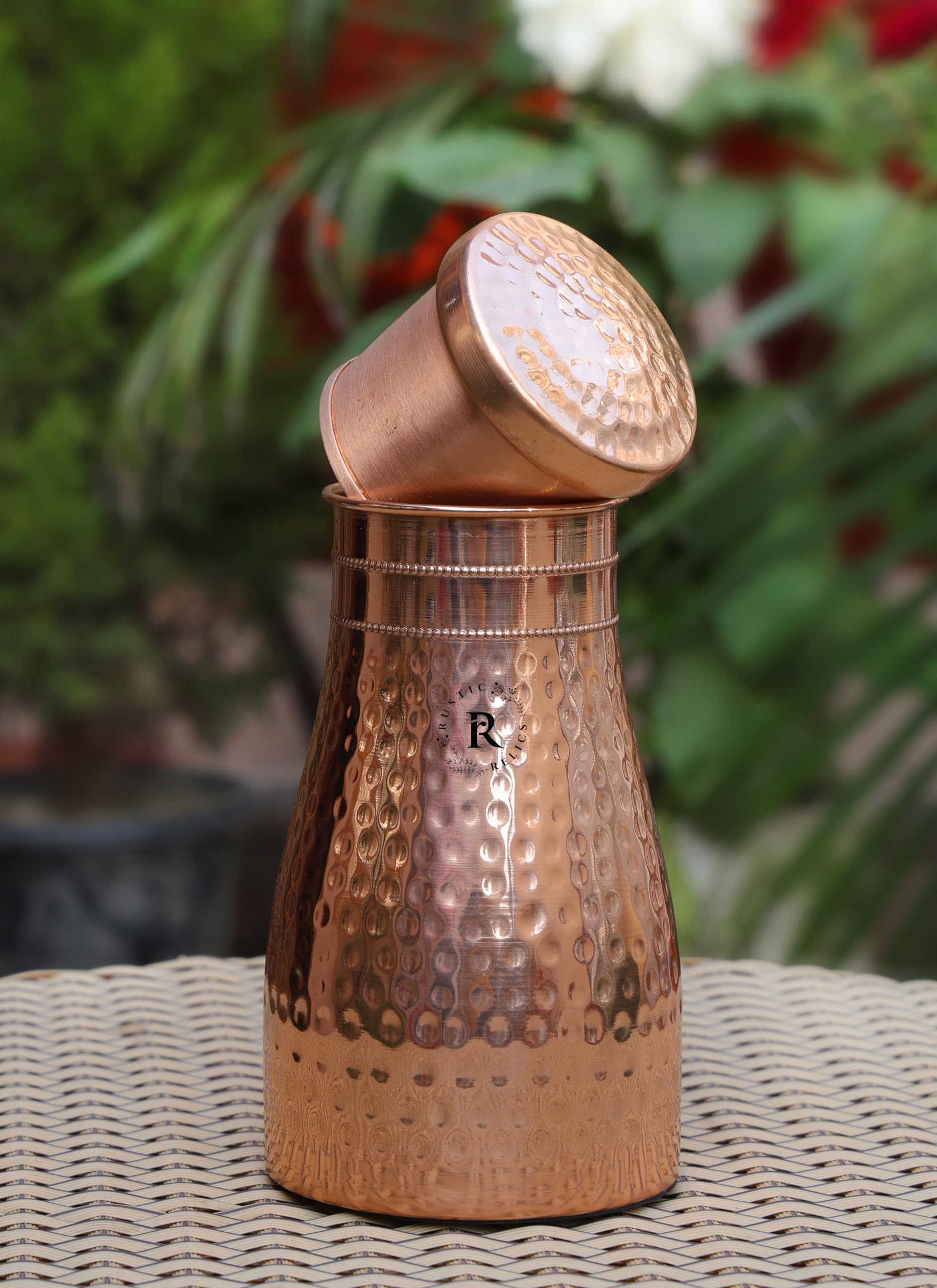 RUSTIC RELICS Hammered Copper Water Bottle Jar - 1L | With Inbuit Glass In Lid | Antique Hammered Design | Kitchen And Bedroom Sugar Water Pot