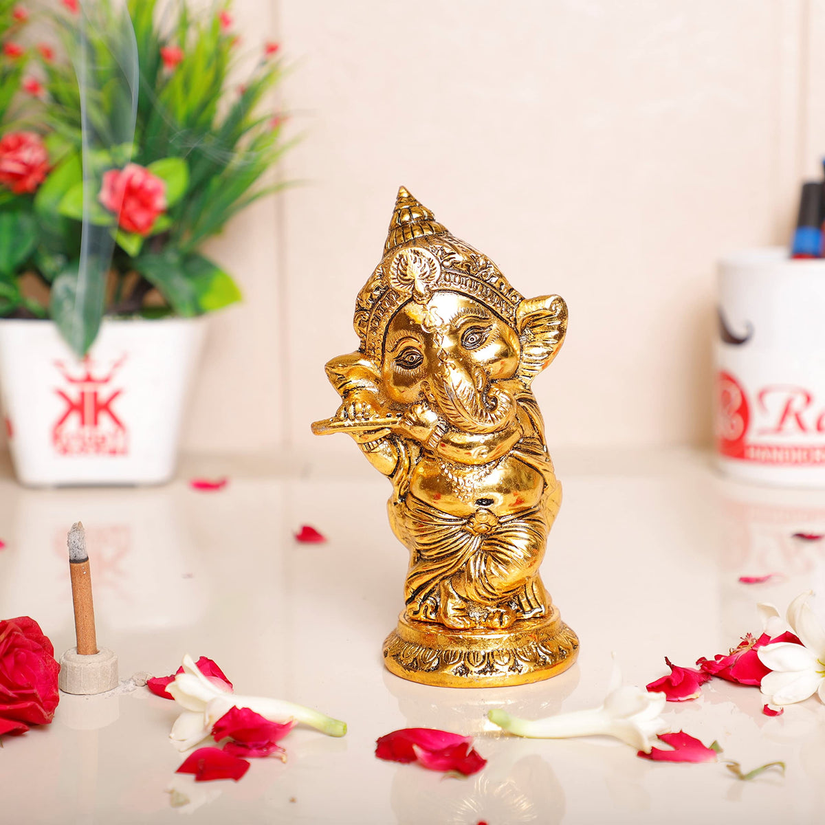 Metal Ganesha Playing Flute Murti,Ganpati Metal Statue,Home Decor,Office Decor,Showcase Decor,Ganesha Metal Satue Idol Gift for Diwali Gift,Birthday Gift,Return Gift,Corporate Gift...Brass Color