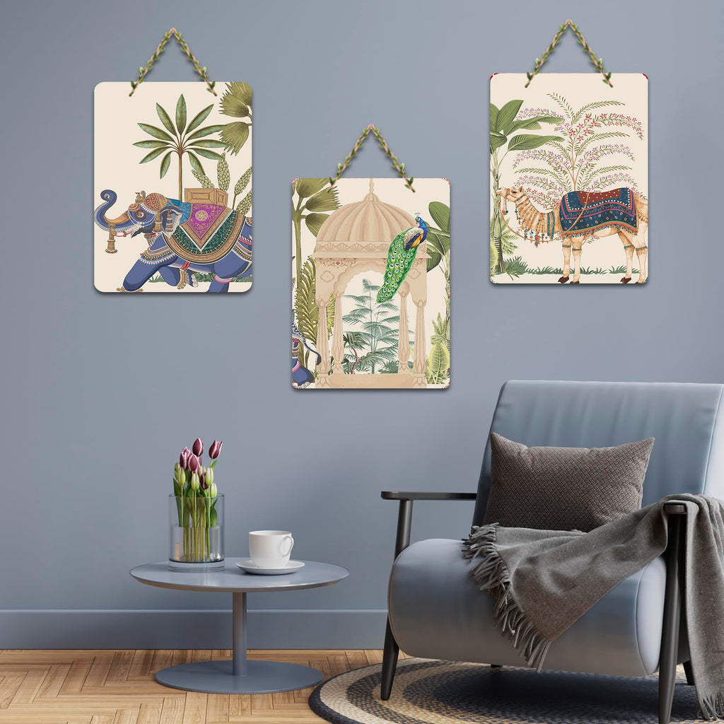 Ranovaa Wooden Hanging | Unique Artistic Craft For Living Room Bedroom Kitchen Temple Office | Handmade Royal Elephant Camel Peacock Art For Home Decor | Handcrafted Decoration Panel (DWA_96134)