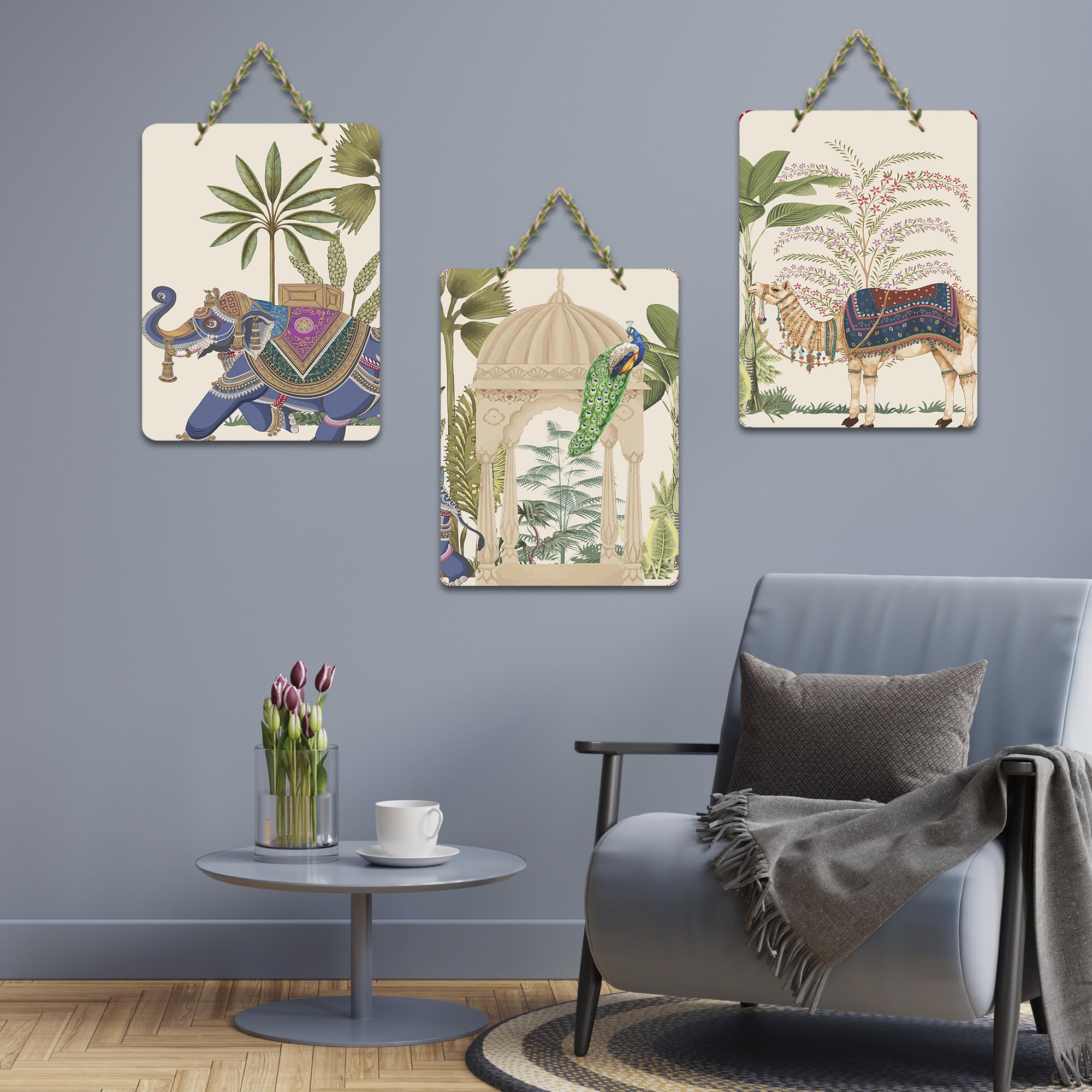 Ranovaa Wooden Hanging | Unique Artistic Craft For Living Room Bedroom Kitchen Temple Office | Handmade Royal Elephant Camel Peacock Art For Home Decor | Handcrafted Decoration Panel (DWA_96134)