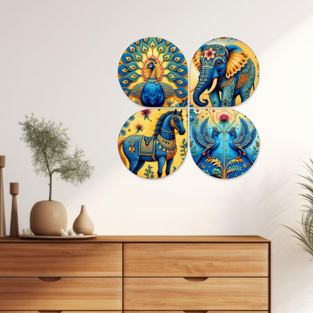 Artvibes Traditional Animal Wooden Art Decoration Item for Living Room | Festive Decor Art | Wall Art Painting For Hall | Graphic Artwork | Wall Illustrations | Gift Items (WH_8467N), Set of 4