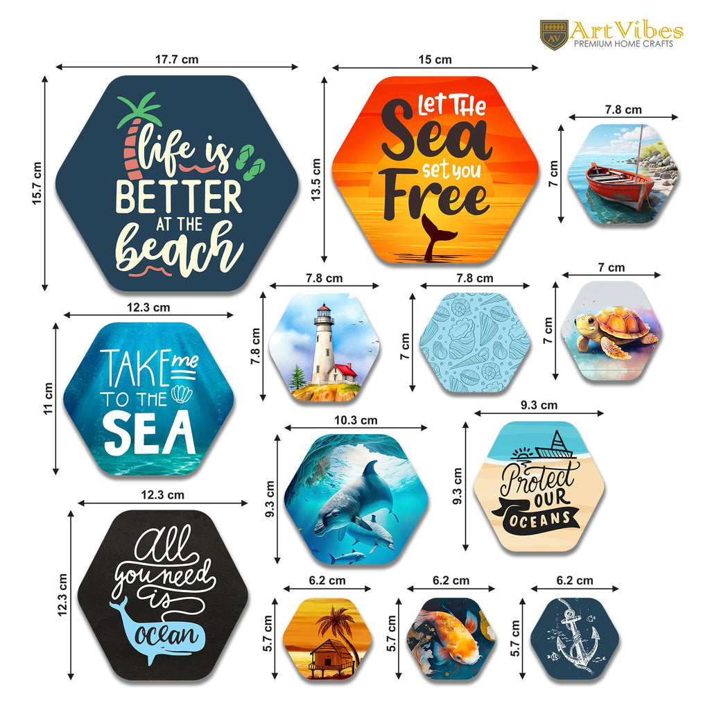 Artvibes Life is Better at the Beach Hexagon Shape MDF Wooden Wall Decor Items | Quotes Decor Item | Traveller Quotes Wall Art | Wall Illustrations | Home Decor | Unique Gift (WPS_213N), Set of 13