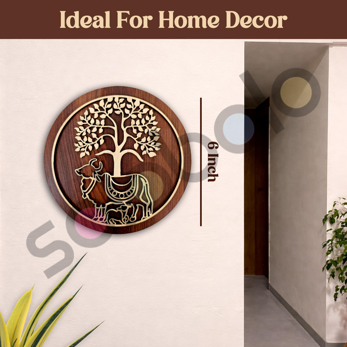 SOLOBOLO Kamdhenu Cow with Calf (Vasu) MDF Spiritual Wall Hanging | Mandir & Home Temple Decor for Pooja Room, Office & Door Entrance (6 Inches)