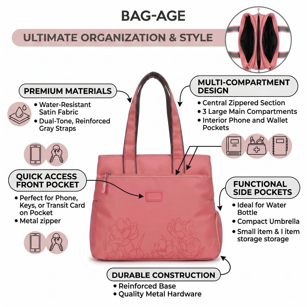 Bag-Age HB55 Tote Handbag for Girls & Women, Water Resistant Office Work Bag with Umbrella Pocket, Large Capacity Shoulder Bag for Work, Travel & Daily Use (Pink)