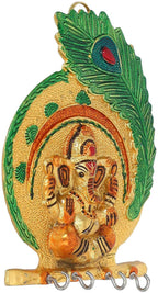 Prince Home Decor & Gifts Metal Key Holder Krishna Flute Design with More pankhi Hanging for Home Décor(27x5 x 15 cm) (Ganesh Leaf)