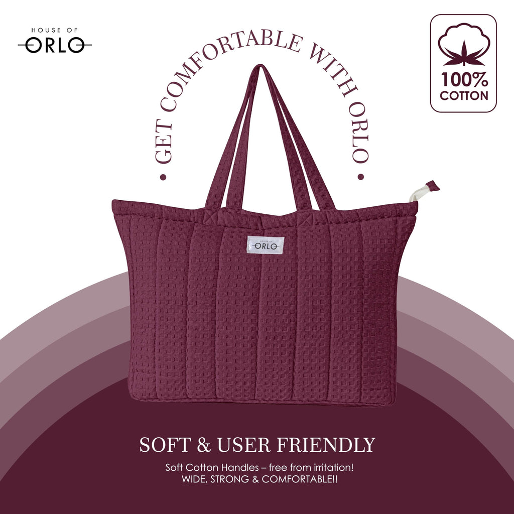 HOUSE OF ORLO Quilted 100% Cotton Waffle Weave Handmade Tote Bags with Zipper and Double Handles for Women Ideal for College, Travel, Work and Daily Use (Burgundy)