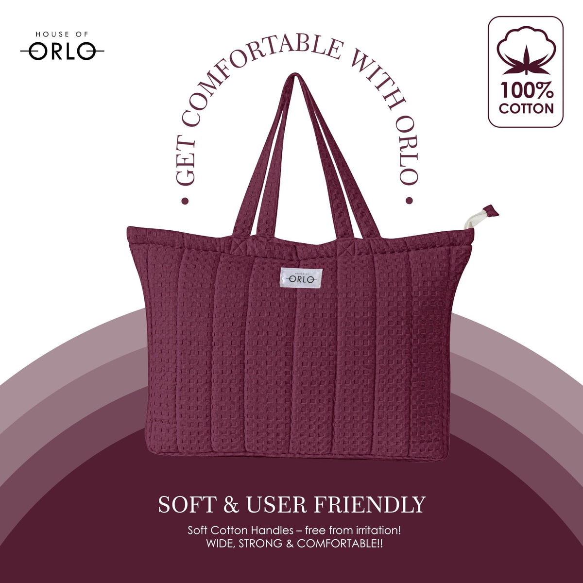 HOUSE OF ORLO Quilted 100% Cotton Waffle Weave Handmade Tote Bags with Zipper and Double Handles for Women Ideal for College, Travel, Work and Daily Use (Burgundy)