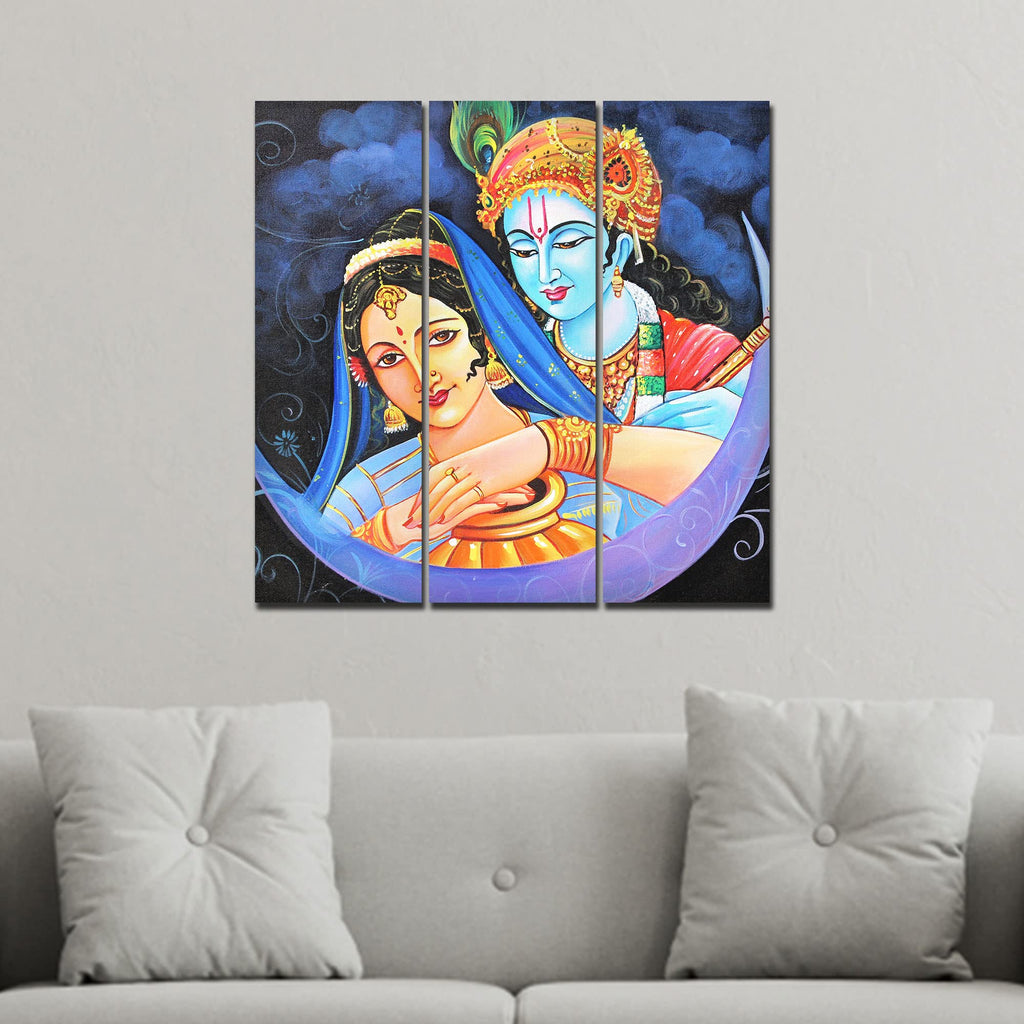VIBECRAFTS 3 Pieces Radha Krishna Canvas Wall Painting Fitted With Wooden Frame For Home | Office | Living Room | Gifts (PTVC3Pcs1_9546)