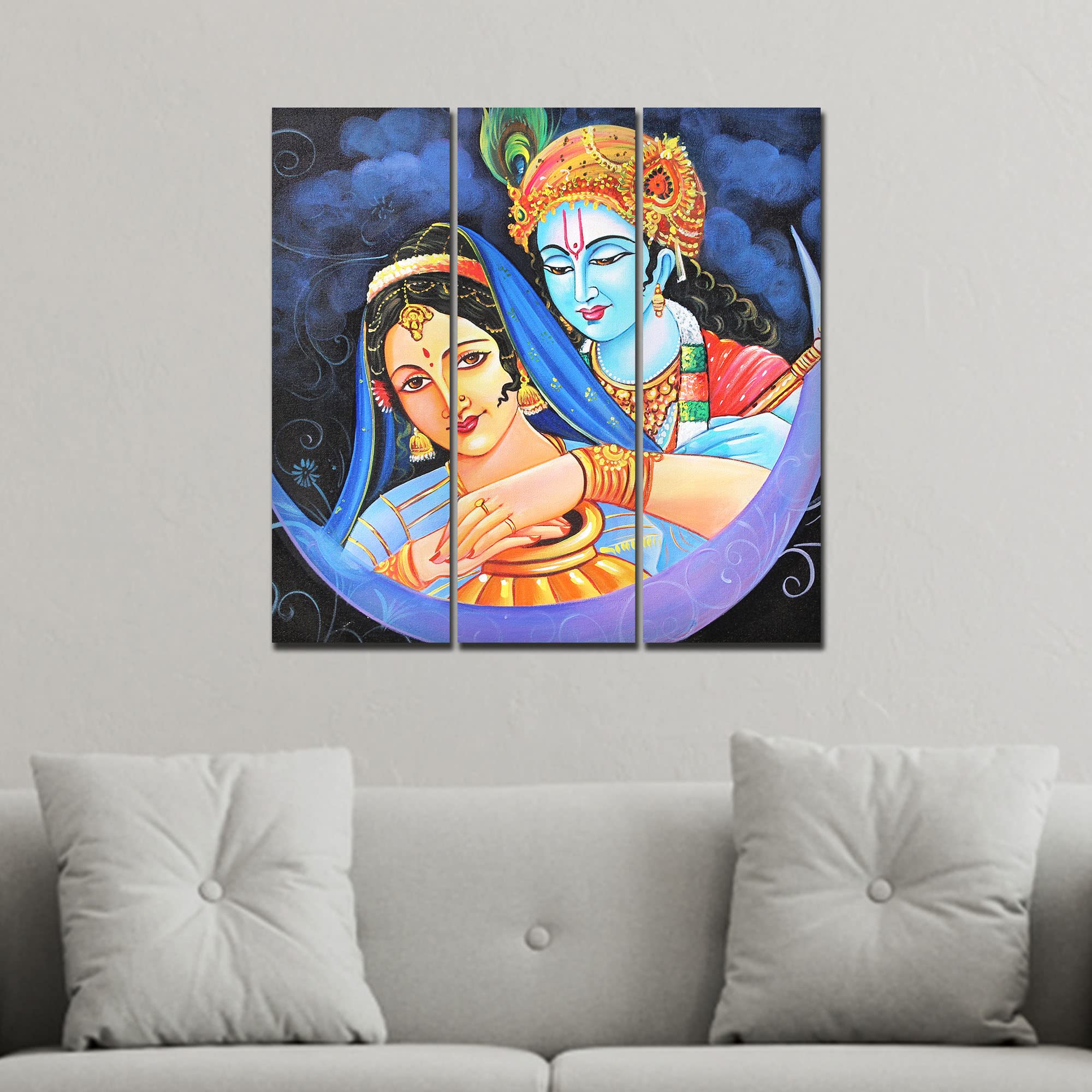 VIBECRAFTS 3 Pieces Radha Krishna Canvas Wall Painting Fitted With Wooden Frame For Home | Office | Living Room | Gifts (PTVC3Pcs1_9546)