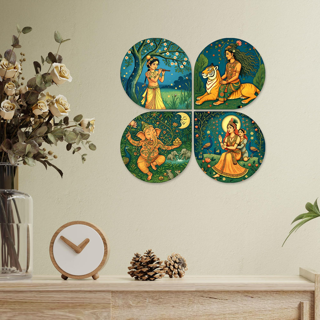 Artvibes Spiritual Decorative Wall Art MDF Wooden Wall Hanger for Living Room | Room Wall Art | Modern Decor Artwork | Living Room | Cafe | Wall Art Print | Unique Gift Items (WH_8465N), Set of 4