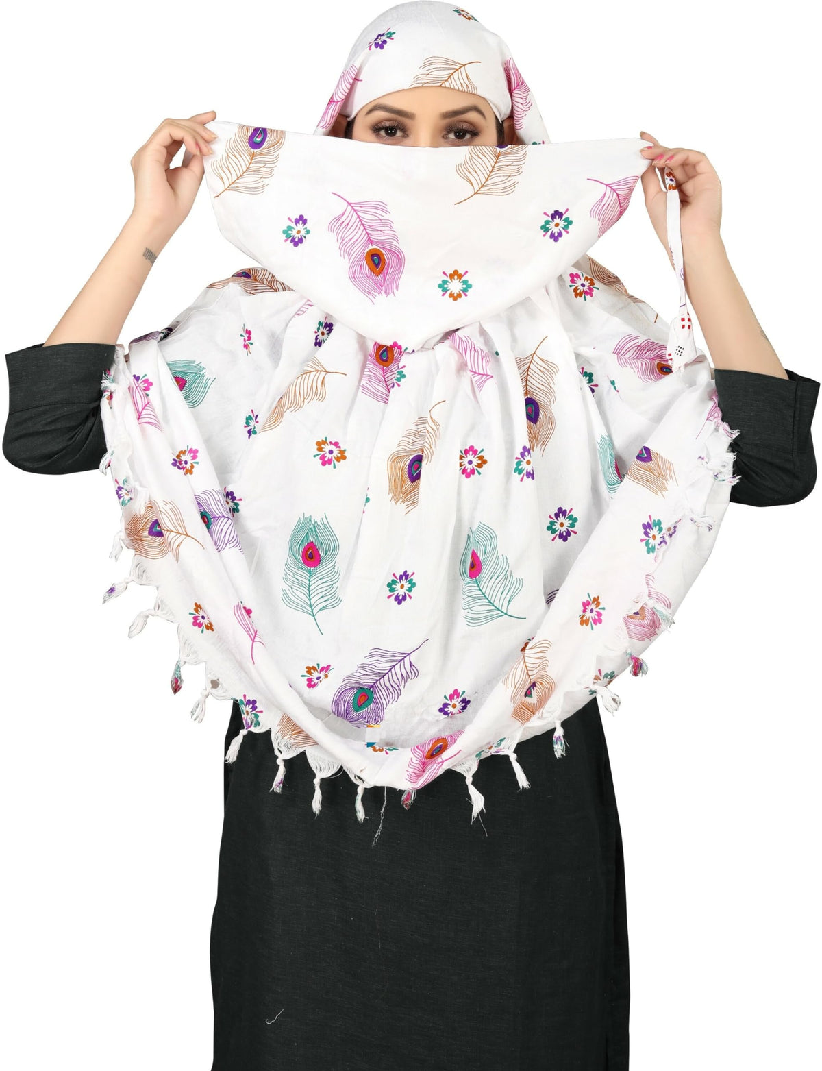 Sclout Soft Cotton Breathable Sun Protection Scarf For Women | Scarf Cum Mask | Universal Size | For Girl & Women | Light Weight (Feather - White)