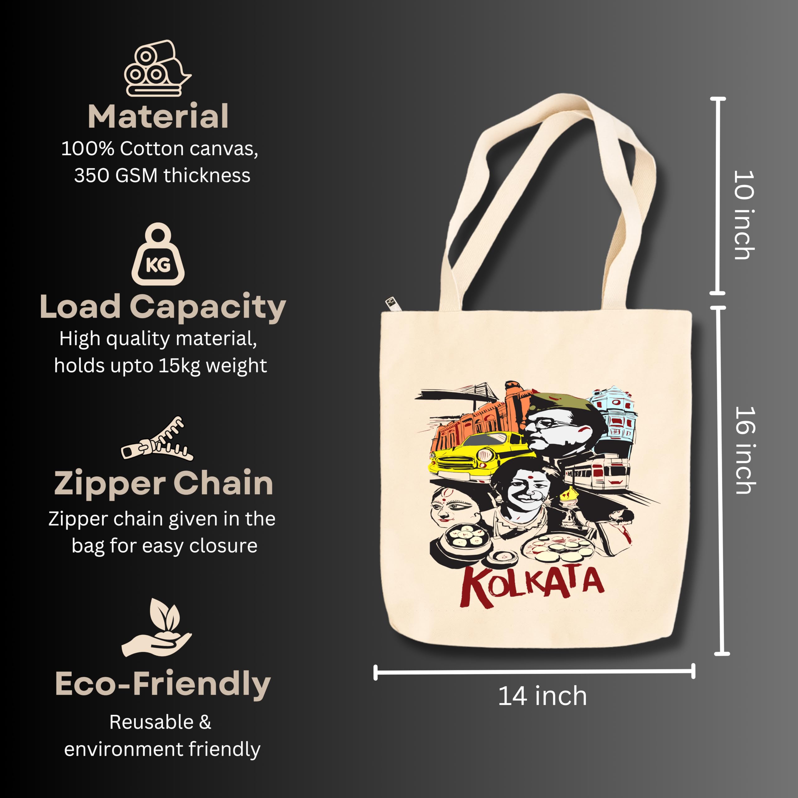 snapiq COTTON 350 GSM Canvas Tote Bag for Women and Girls Thick Fabric with Zipper (Beige, Kolkatamix1)