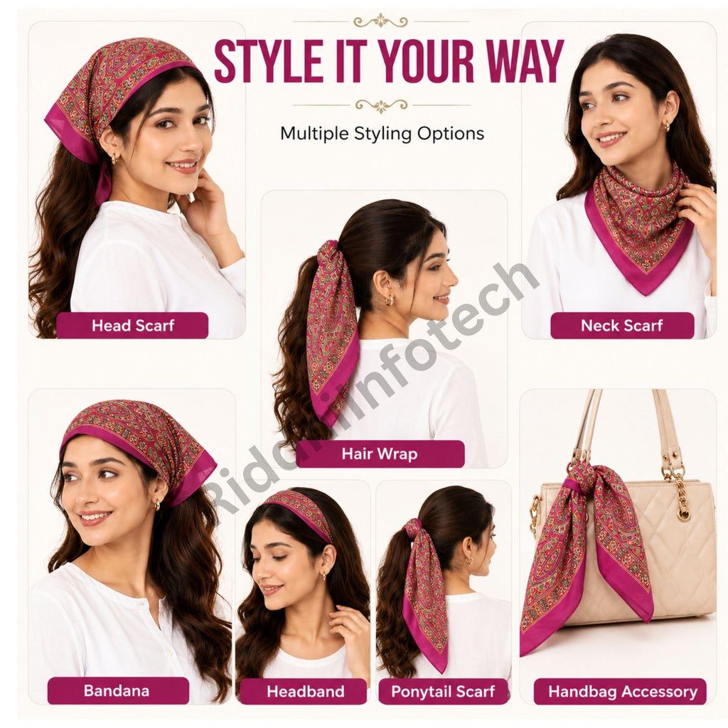 RiddhiInfotech Uttarakhand Pahadi Printed Square Scarf for Women | 26 x 26 Inch Traditional Head Scarf | Vintage Hair Wrap, Bandana, Neck Scarf & Stylish Fashion Accessory | Multicolour
