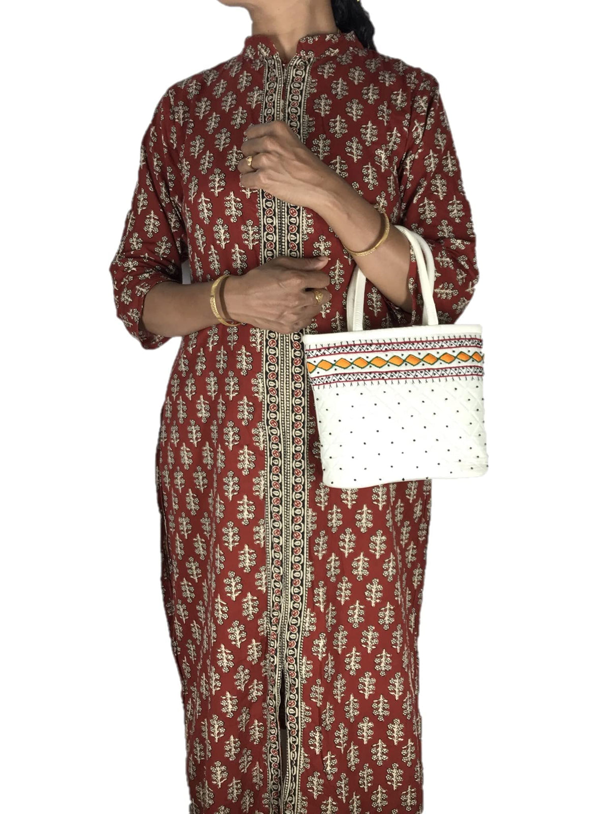 srishopify handicrafts Women Handbag Small Size Banjara Traditional Mini Handle Bag handmade Hand Purse Cotton 9x7x3 Inch Size original Beads Thread Work (white handbag)