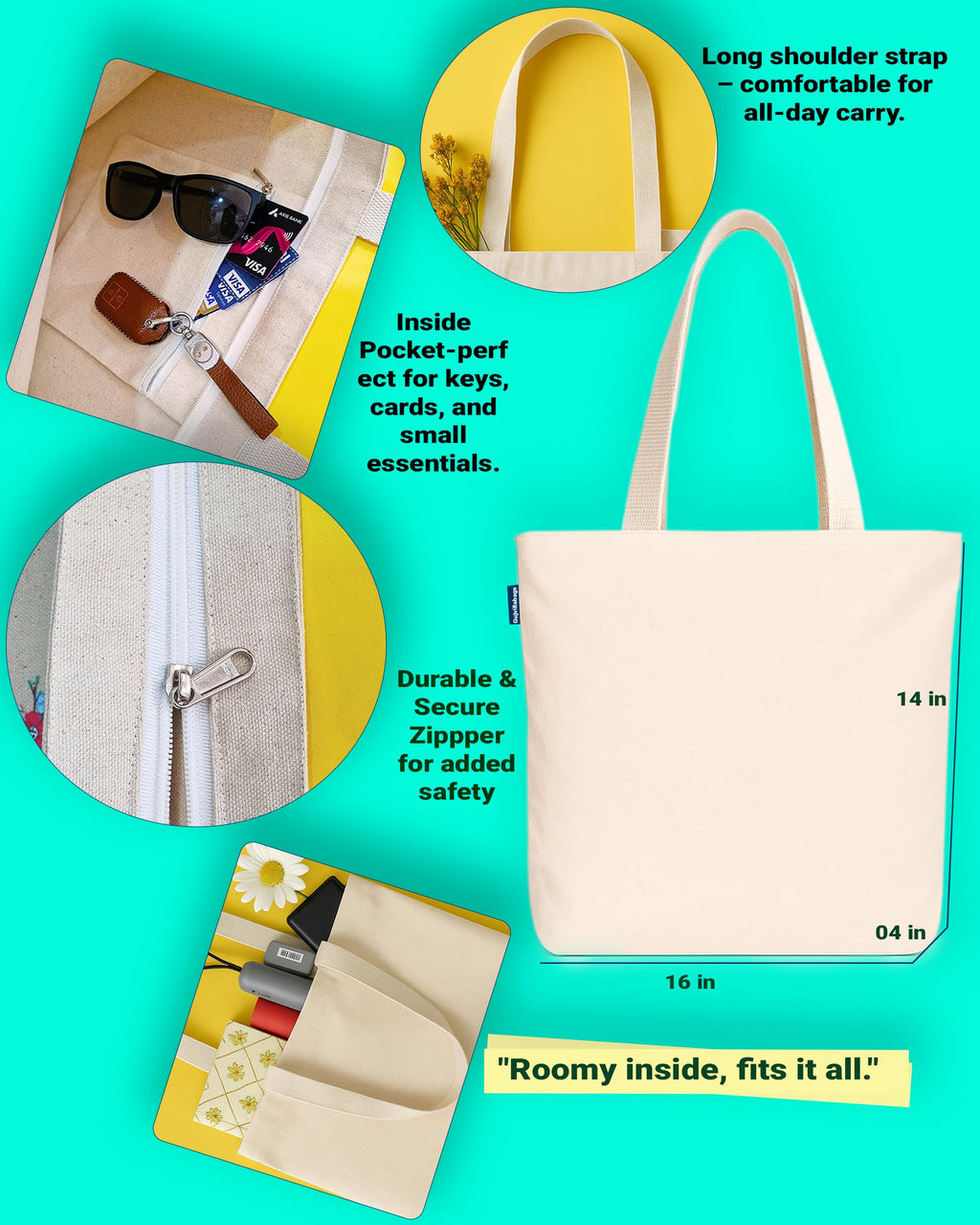 Econest Premium Canvas Tote Bags for Women with zip closer | unique tote bag for Girls, 100% Organic Cotton Tote bag | beach | gift | office, school & Daily Usable strong handbag (Blue Rabbit)