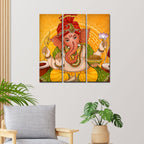 VIBECRAFTS 3 Pieces Shree Ganesh Ji Canvas Wall Painting Fitted With Wooden Frame For Home | Office | Living Room | Gifts (PTVC3Pcs1_9559)