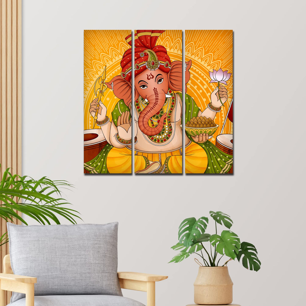 VIBECRAFTS 3 Pieces Shree Ganesh Ji Canvas Wall Painting Fitted With Wooden Frame For Home | Office | Living Room | Gifts (PTVC3Pcs1_9559)