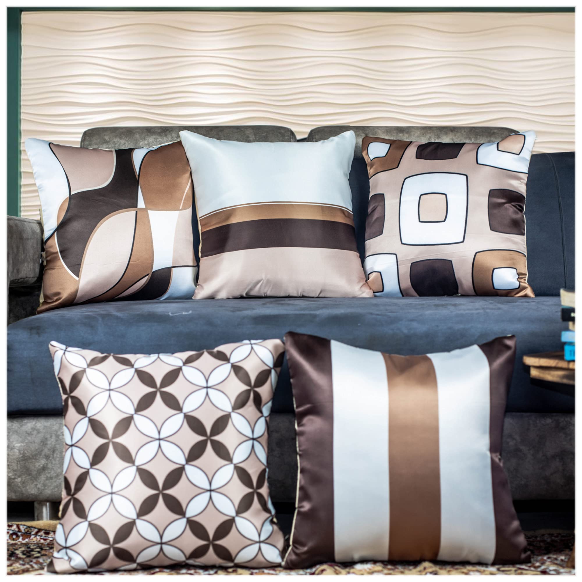 Vendola Mocha Microfiber Satin 250TC Cushion Pillow Covers, Coffee Brown, Set of 5(Cadbury,16x16)