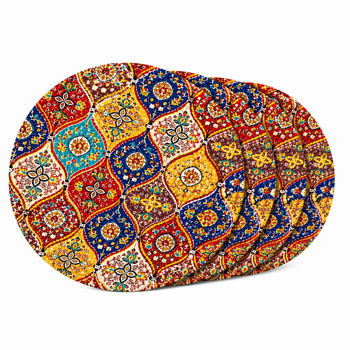 Premium Round Cotton Dining Table Mats Set of 4 | Washable Heat Resistant Food Mat | Circular Dining Table Hot Plate Mats & Coaster for Hot Utensil (14-inch, Printed Mandala/Multicolour) Kafalo