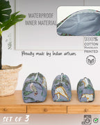 NIKAVIK 1 Tote Bags and 3 Pouch Quilted fabric Handblock Printed Tote Bag(with zip) and bottle compartment with Matching Pouches (Grey)