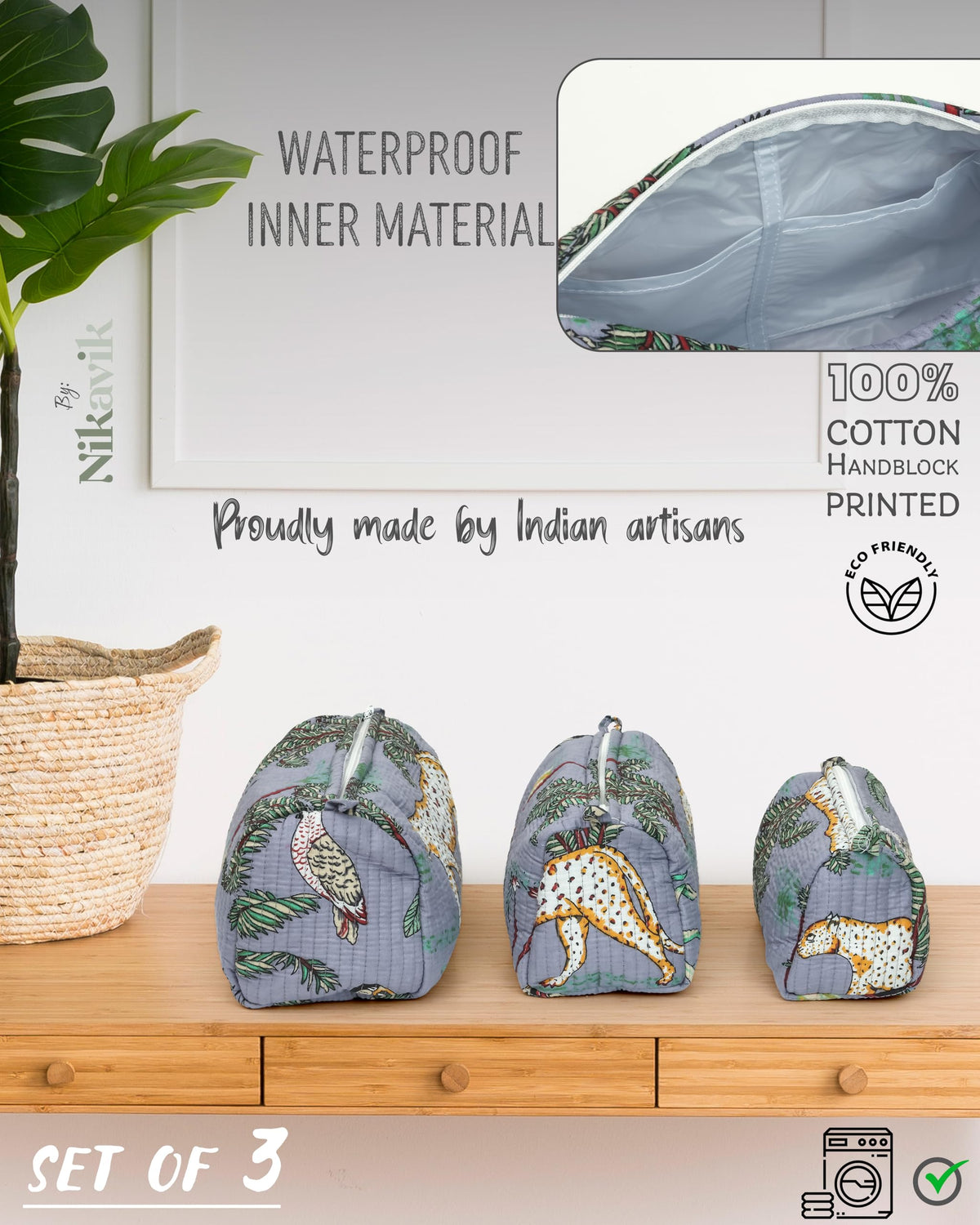 NIKAVIK 1 Tote Bags and 3 Pouch Quilted fabric Handblock Printed Tote Bag(with zip) and bottle compartment with Matching Pouches (Grey)