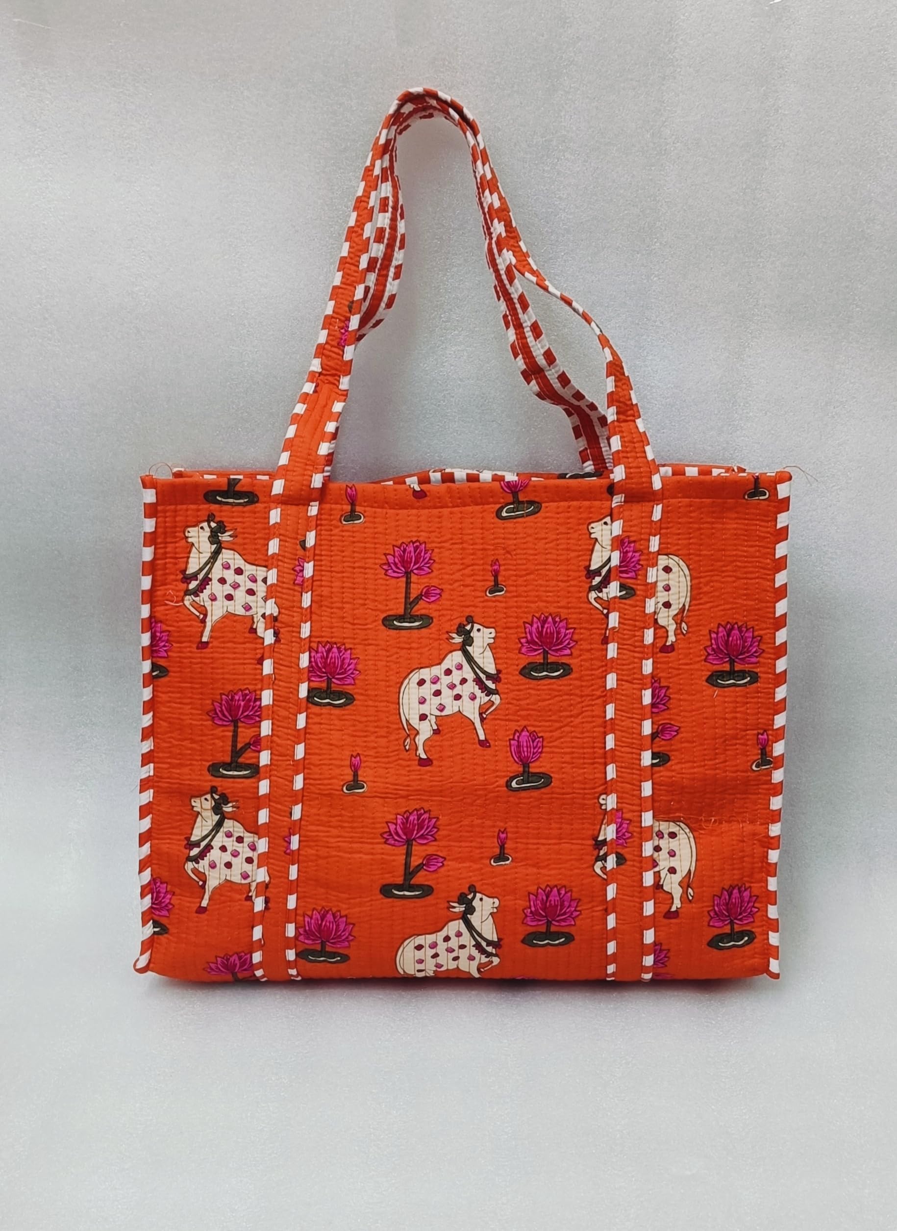 HOUSE OF GULAB Tote Bag for Women Cotton Canvas Tote Bag with Long Handle & Inside Pocket Reusable Shopping Bag Shoulder Carry Bag Eco Friendly Cloth Tote College Office Handbag (Dark Orange & Pink)