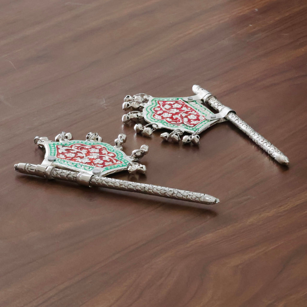 Traditional God Fan, Silver-Plated Metal with Red and Green Enamel Work,Metal Hand Fan for God Idol Pankhi with Mennakari