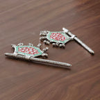 Traditional God Fan, Silver-Plated Metal with Red and Green Enamel Work,Metal Hand Fan for God Idol Pankhi with Mennakari