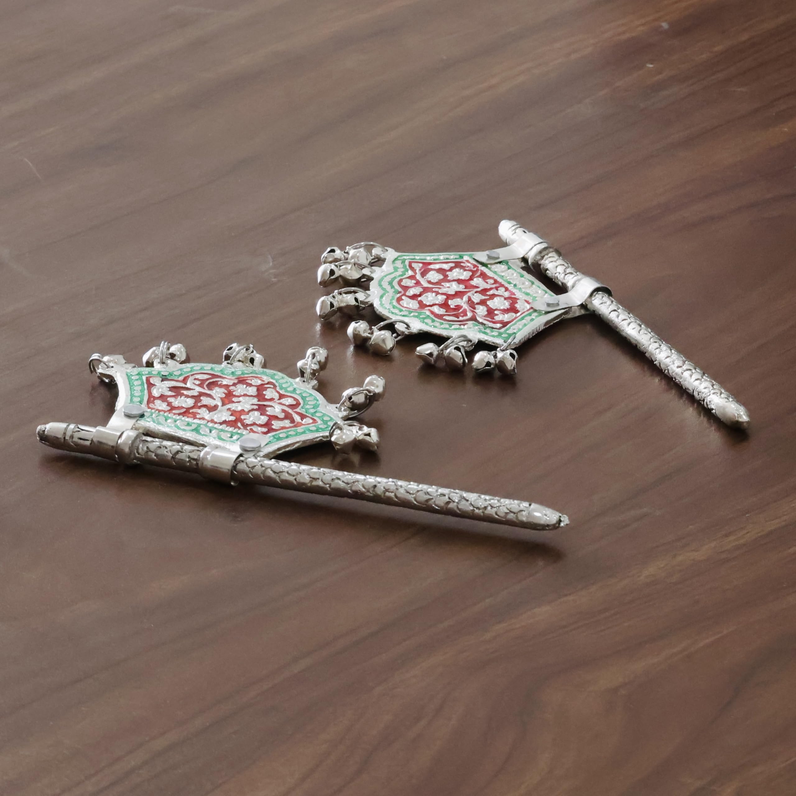 Traditional God Fan, Silver-Plated Metal with Red and Green Enamel Work,Metal Hand Fan for God Idol Pankhi with Mennakari