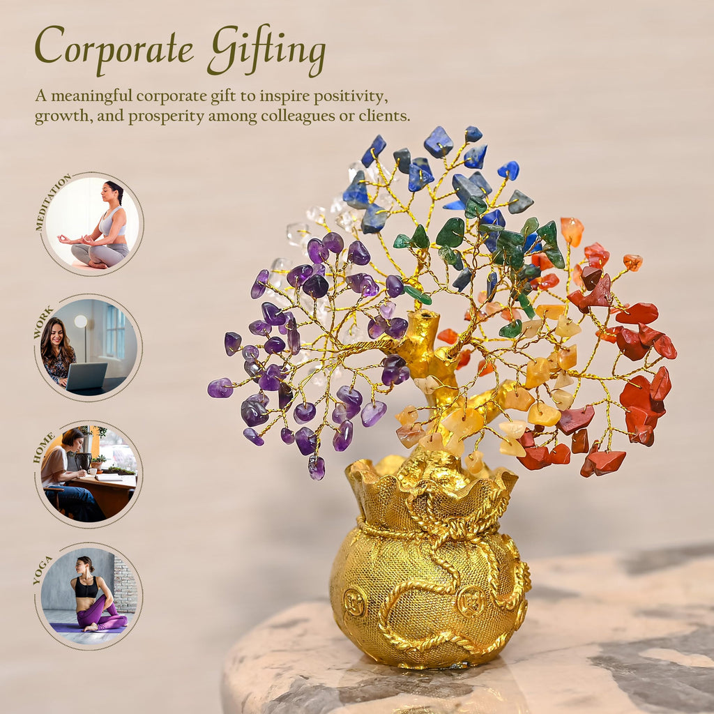 Crocon 7 Chakra Crystal Bonsai Tree with Golden Money Bag Base – Healing Gemstone Tree for Wealth, Prosperity & Positive Energy – Feng Shui Good Luck Home Decor & Rakhi Gift (7x3 Inch)