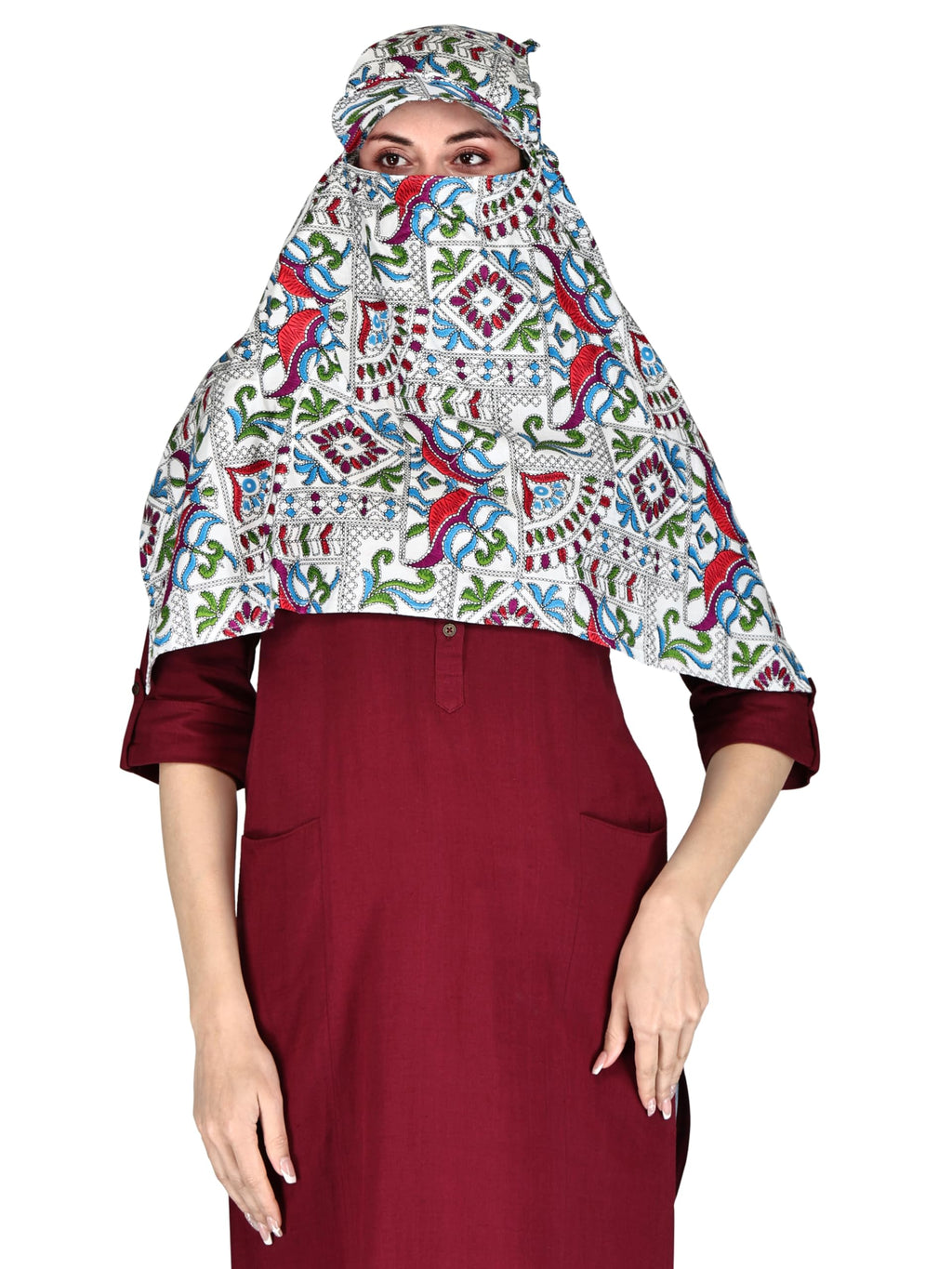 TESY QWEN Women's Scarf Cum Mask with Cap, Rayon Multi-Functional Neck Gaiter with UV Protection for Biking, Hiking and Travel (Jaipuri)