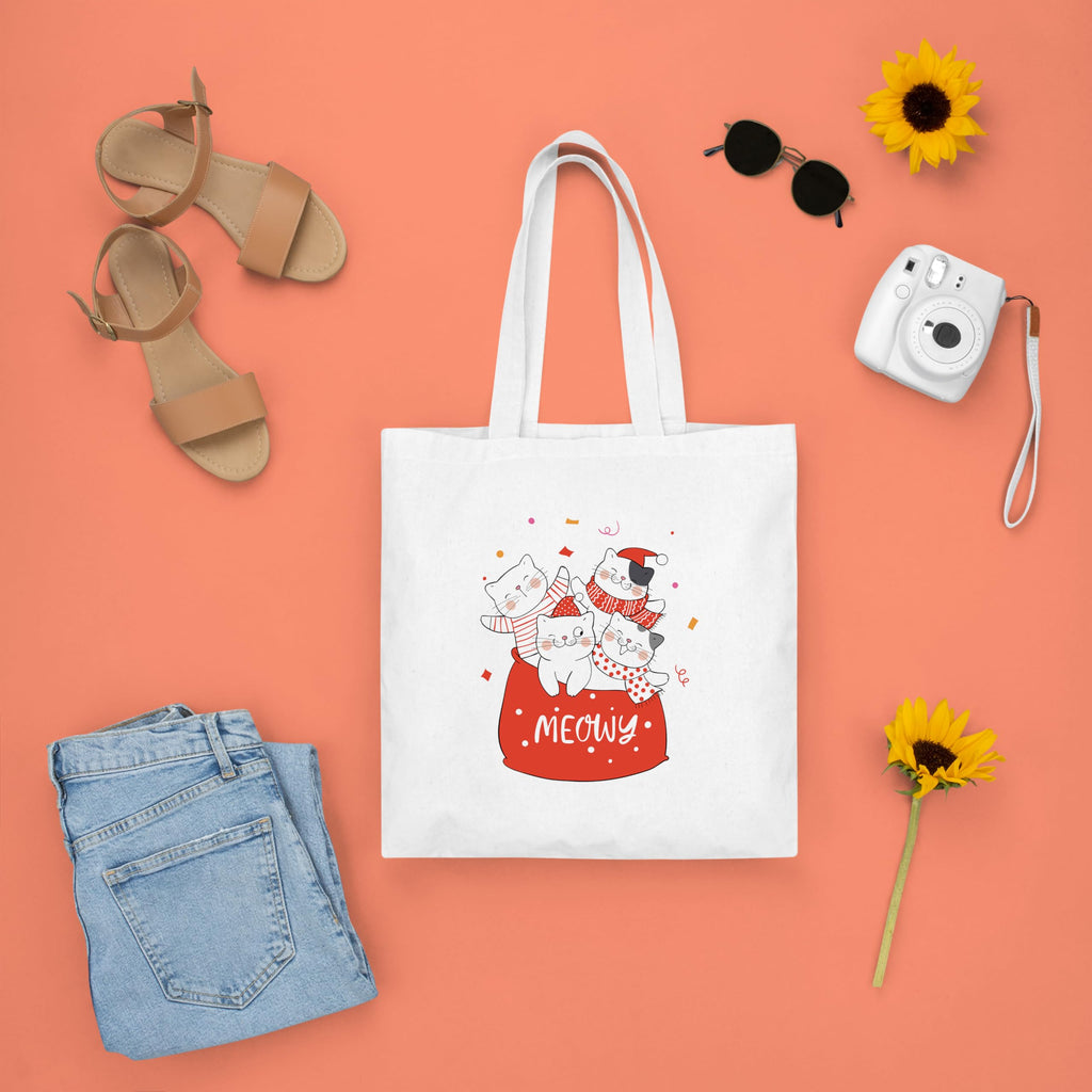 Happu-White Cotton Canvas Tote Bag with Zip | Happy Christmas Festive Print | Reusable, Washable & Eco-Friendly Multi-Purpose Tote for Women & Girls HPK-3440