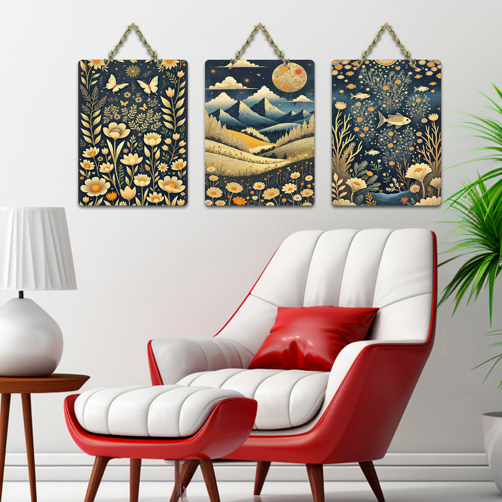 Artvibes Bloom Of Flowers & Countryside Modern Art Wooden Art Decoration Item for Living Room | Printed Wall Decoration | Sceneries | Aesthetic Wooden Decor | Unique Gift Items (WH_9659N), Set of 3