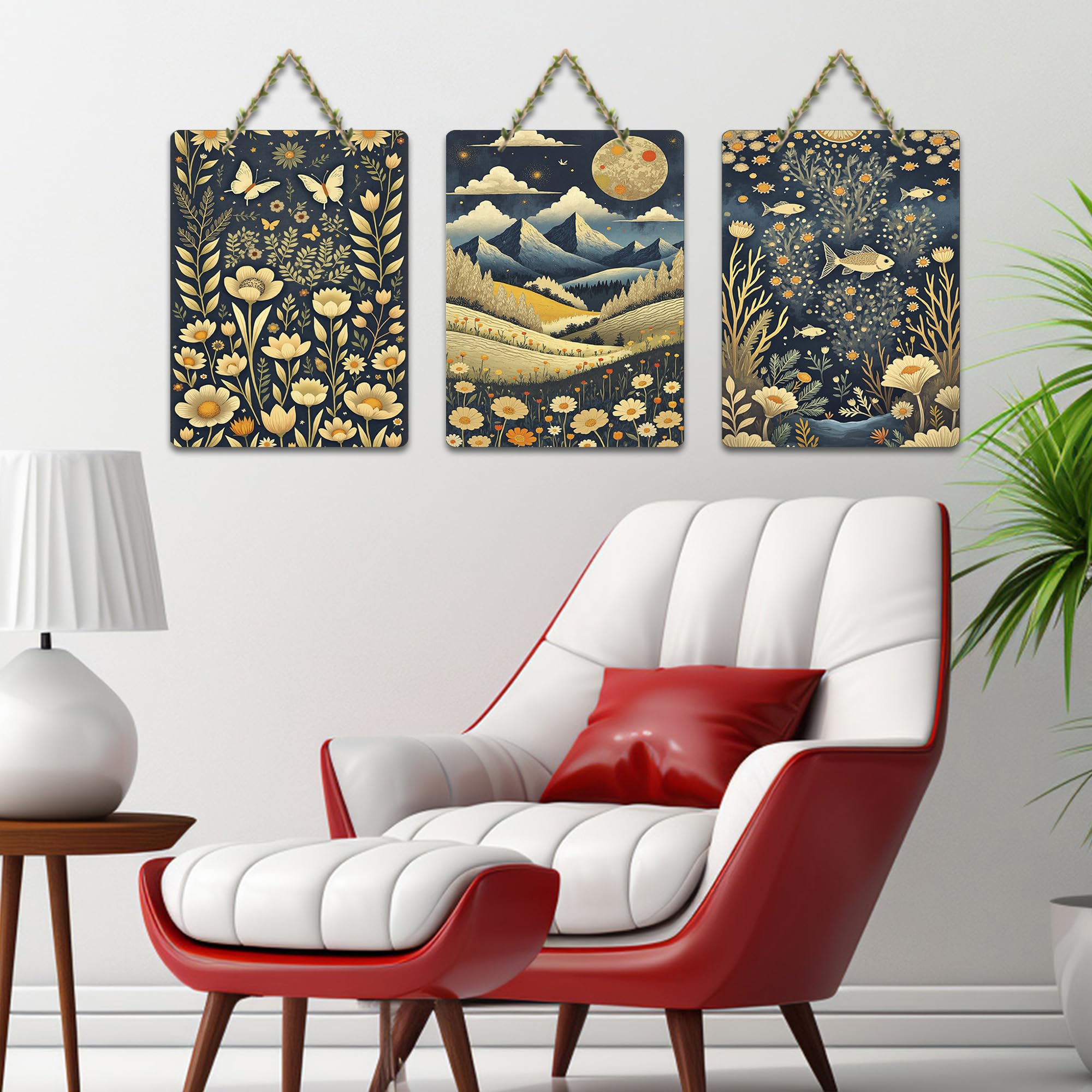 Artvibes Bloom Of Flowers & Countryside Modern Art Wooden Art Decoration Item for Living Room | Printed Wall Decoration | Sceneries | Aesthetic Wooden Decor | Unique Gift Items (WH_9659N), Set of 3