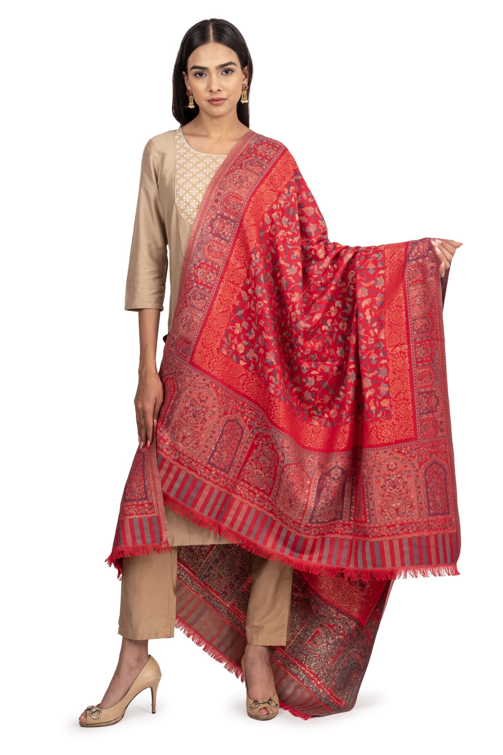 Naureen Women Faux Pashmina Kani Shawl with Mughal Artwork and Zari Accents, Warm and Soft, 40x80 inch