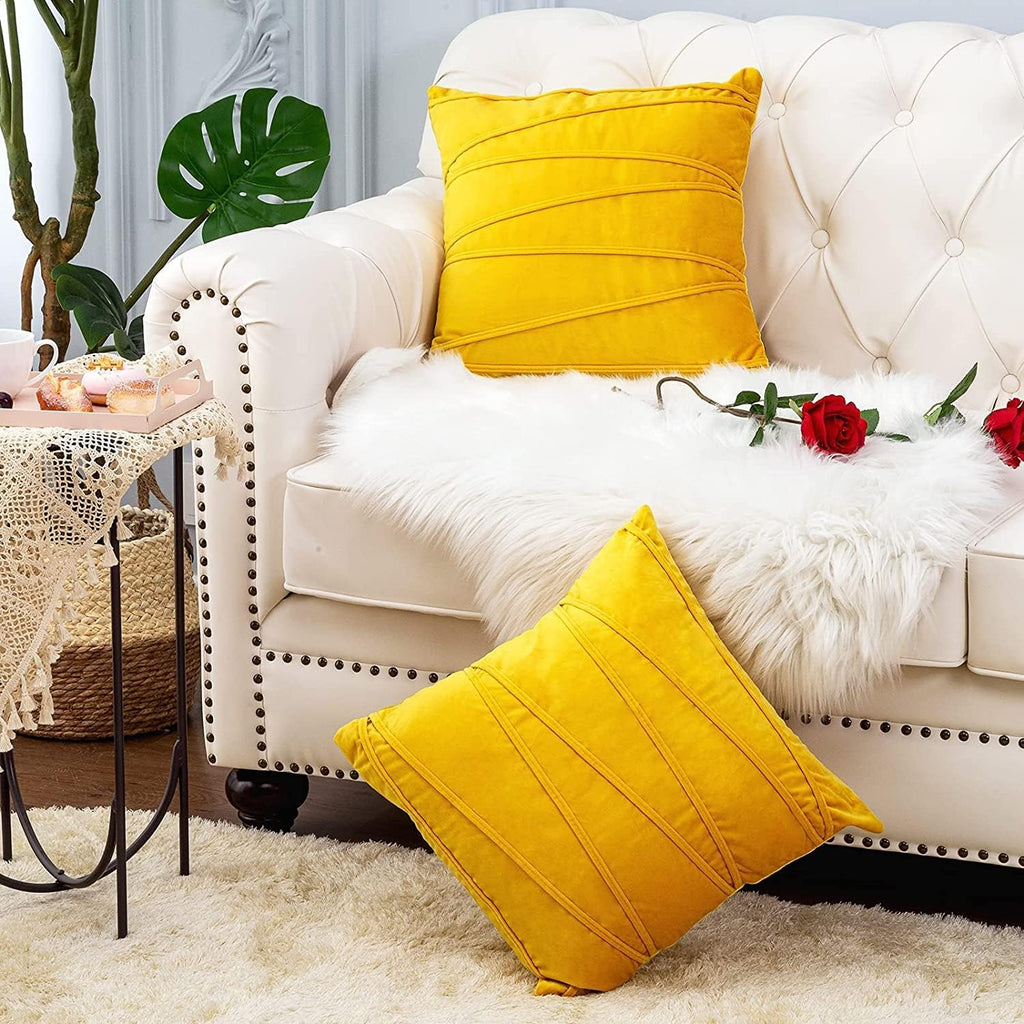 Khooti Velvet Striped Cushion Cover Pack of 1-20X20/51X51 Cm | Orange Yellow | Soft Pillow Covers Cushion Case for Sofa Bedroom Living Room Chair Car, Cushion Cover with Zig Zag Pattern