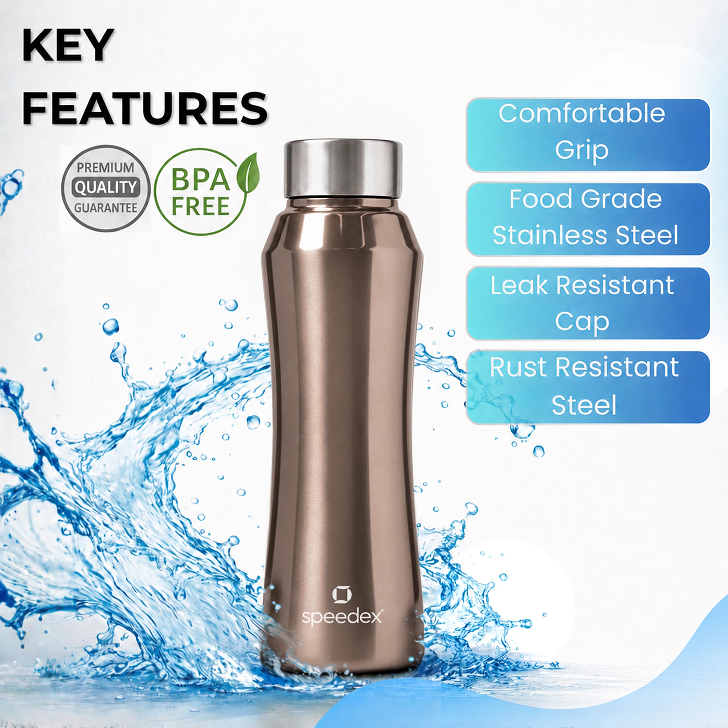 Speedex Stainless Steel Water Bottle 1 Ltr, Leak Proof Screw Cap, BIS Approved 1000 ml Metal Bottle For Daily, Office, School, Gym, Travel Use for Men, Women, Kids, Adults, Copper Gold, Set of 1