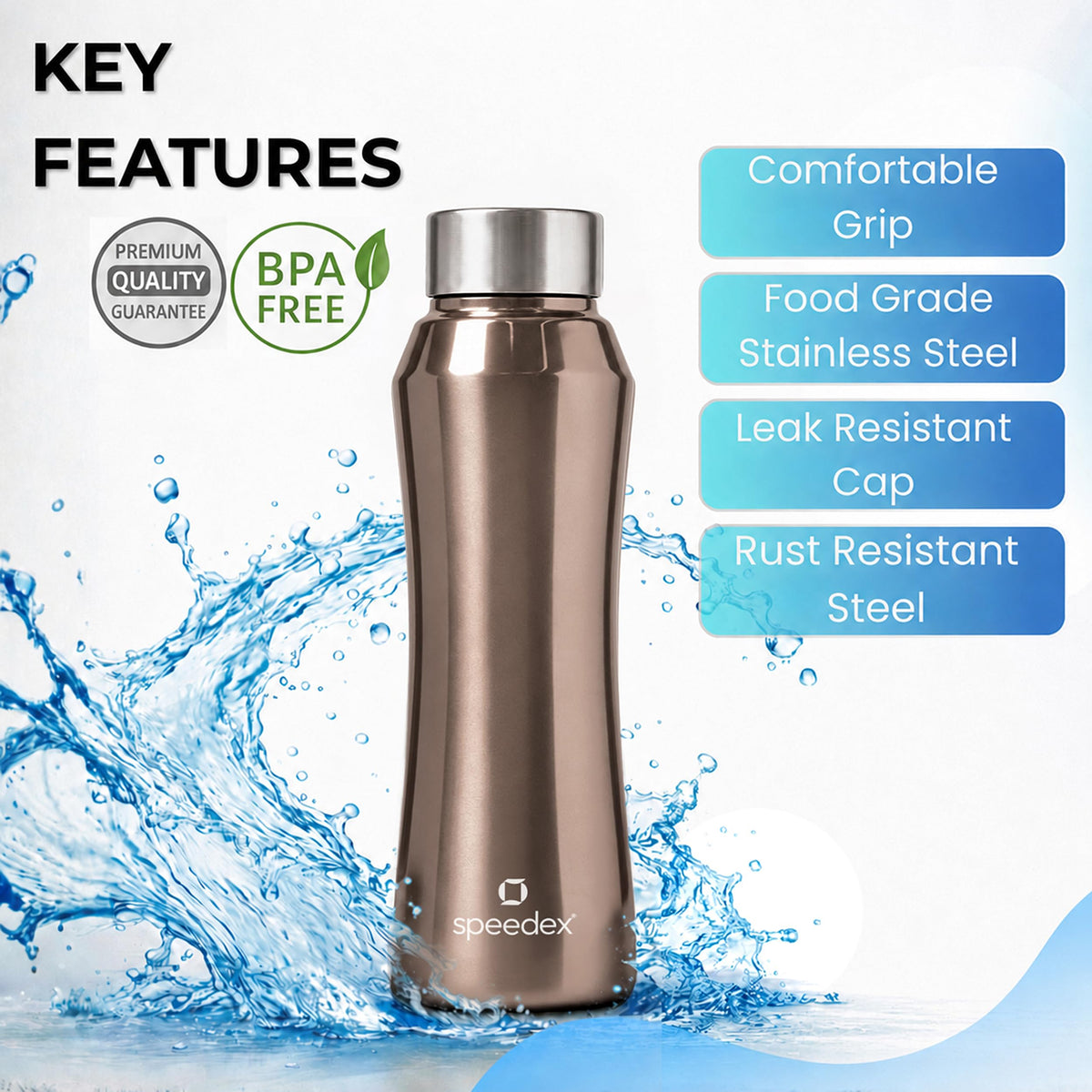 Speedex Stainless Steel Water Bottle 1 Ltr, Leak Proof Screw Cap, BIS Approved 1000 ml Metal Bottle For Daily, Office, School, Gym, Travel Use for Men, Women, Kids, Adults, Copper Gold, Set of 3