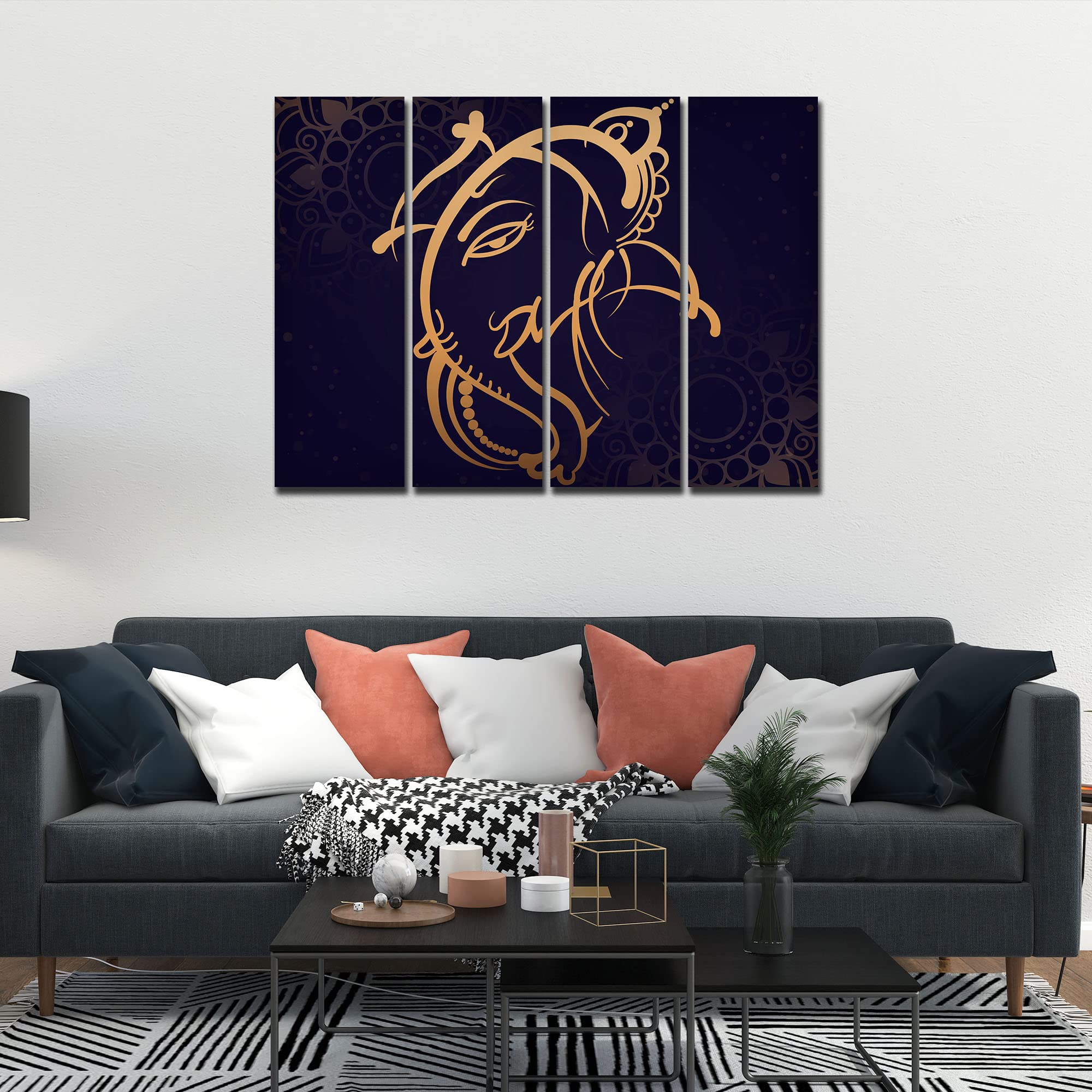 VIBECRAFTS 4 Pieces Shree Ganesh Ji Canvas Wall Painting Fitted With Wooden Frame For Home | Office | Living Room | Gift(PTVC4Pcs1_13530)