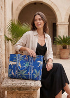 Rastogi Handicrafts Quilted Cotton Women Beautiful Printed Grocery Shopping Bag, Shoulder Bag, Tote Bag, Travel Bags, Dark Blue, 18X6X15 Inch