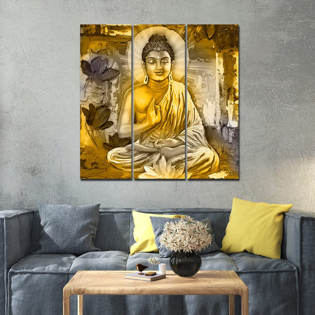 VIBECRAFTS 3 Pieces Meditating Buddha Canvas Wall Painting Fitted With Wooden Frame For Home | Office | Living Room | Gifts (PTVC3Pcs1_9597)