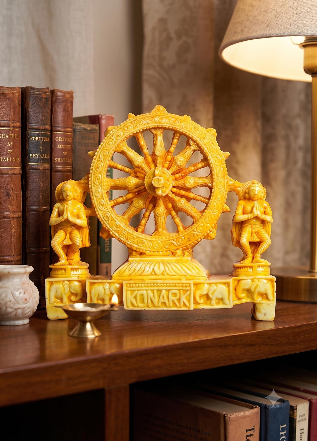 Zenith Zone konark Chakra Wheel showpiece – Handcrafted Sun Temple Sculpture for Home Decor, Office Desk, or Gift – Traditional Indian Artifact in Vibrant Yellow
