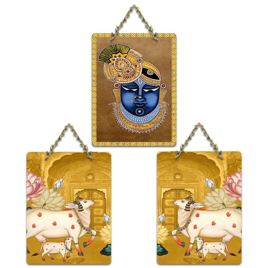 Artvibes Shrinath Ji & Cow Pichwai Art Decorative MDF Wooden Wall Art for Home Temple | Spiritual Decoration Items | Wall Art Print | Paintings For Wall | Unique Gift Items (WH_96180N), Set of 3